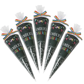 COLOFALLA Pack of 12 Siblings School Cone, Small, 20 cm, Small Sugar Bags for Filling, Finally, School Child Gifts, Decoration for First Day of School, Boys and Girls