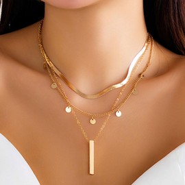 14k Gold Plated Layered Necklace for Women Trendy Multilayer Adjustable Layering Circle Bar Pendant Chain Necklace Dainty Gold Necklace Stack Fashion Jewelry Set Gifts for Women