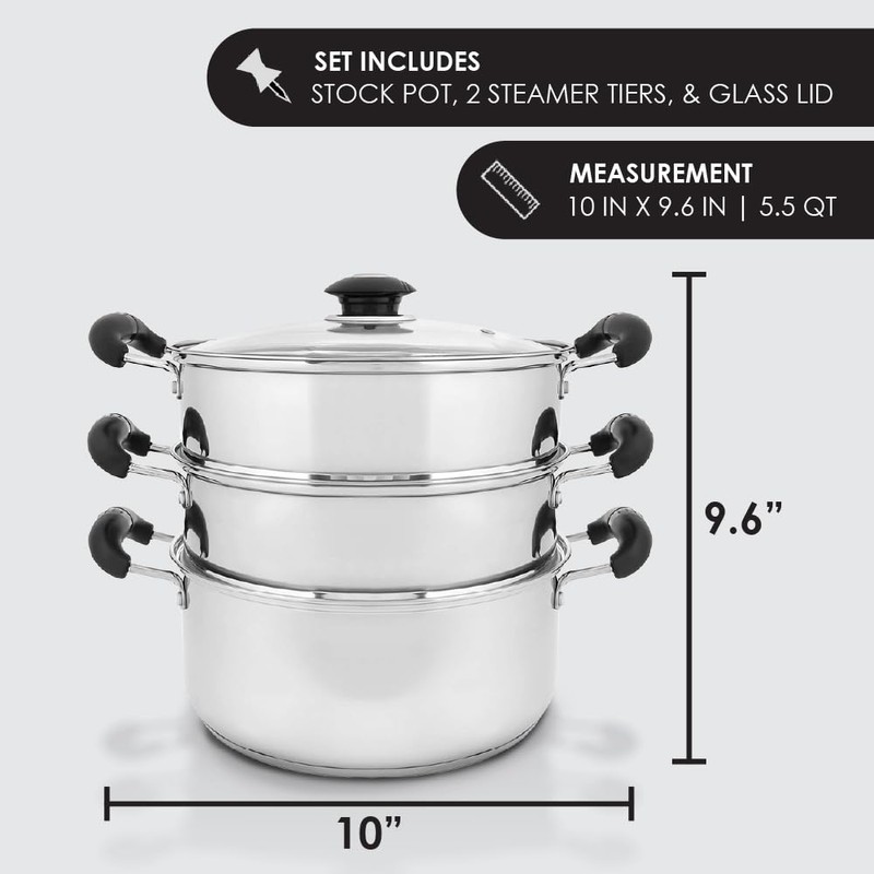 CONCORD 10" Stainless Steel 3 Tier Steamer Steaming Pot Cookware
