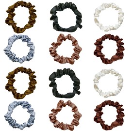 12 Pieces Silk Satin Scrunchies Skinny Hair Ties for Women, Girls Ponytail Holder - Small Elastic Soft Hair Ropes for Thin, Thick and Curly Hair (Colorful)