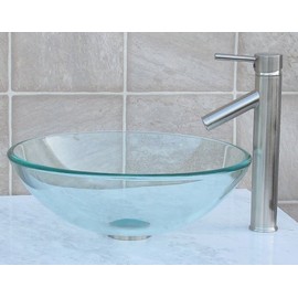 Bathroom Glass Vessel Vanity Sink + Nickel Faucet T12L1