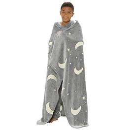 KAV Glow in the Dark Fleece Blankets Super Soft Warm Toddlers Fluffy Blanket for Boys, Girls and Kids All Seasons Fun Gifts for Christmas, Birthday - (Grey - Moon Stars Print)