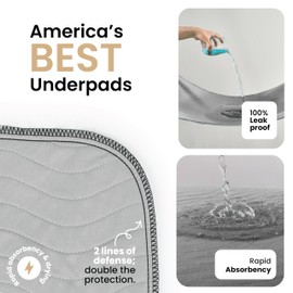 IMPROVIA® Washable Underpads 34" x 52" Pack of 2 Heavy Absorbency Reusable Bedwetting Incontinence Pads for Adults, Kids, & Pets - Waterproof Protective Pad for Bed, Couch, Sofa, Floor (Gray & White)