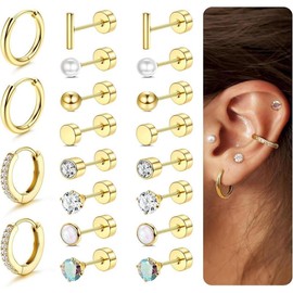 Jstyle 8 Pairs Surgical Steel Earrings for Sensitive Ears Hypoallergenic 20G Stainless Steel Stud Hoop Earrings for Women Men Small Opal Ball CZ Surgical Steel Flat Back Earrings Cartilage Earrings Jewelry:_gold3