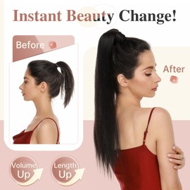 Elailite Human Hair Ponytail Extension - Straight Wrap Around Clip in Real Hair Remy Ponytail (#1B Natural Black, 14 Inch)