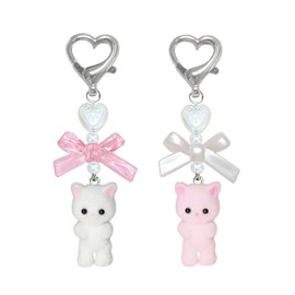 nocoeed Cute Cat Keychain Fuzzy Cat Keychain Accessories Aesthetic Y2K Heart Bow Decor Charms for Bag Cute Pendent Women Gifts (Pink+White)