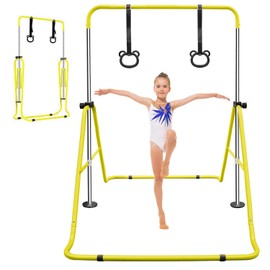UOCFYK Expandable Gymnastics Bar, Folding Adjustable Height Gymnastics Equipment for Kids,Home Horizontal Bar Training, with Bear Rings, Yellow