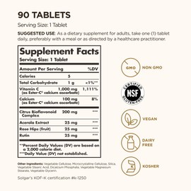 Solgar Ester-C Plus 1000 mg Vitamin C (Ascorbate Complex), 90 Tablets - Gentle On The Stomach & Non Acidic - Antioxidant & Immune System Support - Non GMO, Vegan, Gluten-Free, Kosher - 90 Servings