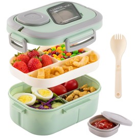 HNNJCK Bento Lunchbox mit Fächern, 2 Lagige Brotbox Vesperbox Brotdose Auslaufsicher Erwachsene, Salatbox To Go Brotzeitbox Snackbox Frühstücksbox Jausenbox Butterbrotdose Schule（Grün）