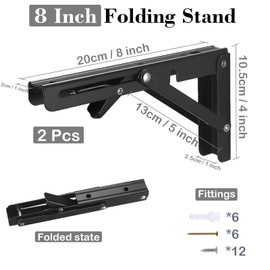 Vebetter Folding Console 200 mm, Pack of 2 Folding Console Heavy Duty Stainless Steel Folding Table Wall, Folding Shelf Brackets, Load Capacity 50 kg, for Space-Saving Home, Kitchen, Office, Folding