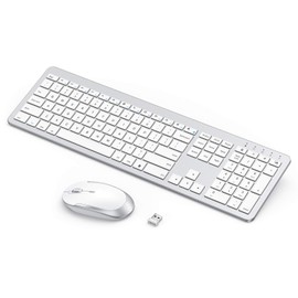 Wireless Keyboard and Mouse - Rechargeable Full Size Flat Keyboard & Mouse Sets with Build-in Lithium Battery, Ultra Thin Quiet Keyboard Mice - Silver and White