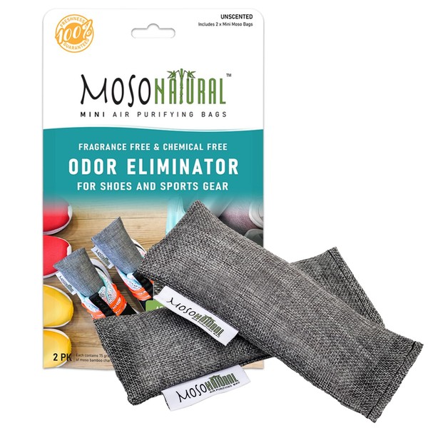 Moso Natural Shoe Odor Absorbers. A Scent Free Odor Eliminator for Shoes, Gym Bags and Sports Gear. Premium Moso Bamboo Charcoal Air Purifying Bag and Deodorizer (One Pack of Two 75g Bags)