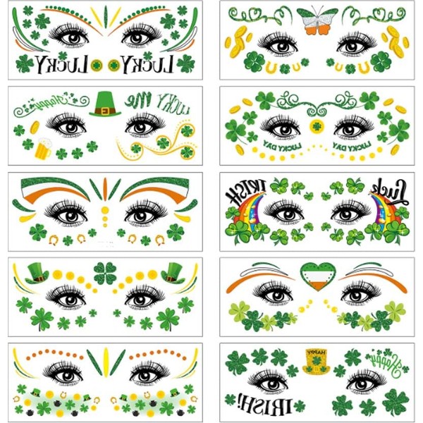 10 St. Patrick's Day Clover Face Stickers, Irish Painted Green