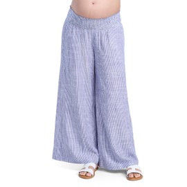Motherhood Maternity Women's Smocked Waist Wide Leg Pregnancy Summer Casual Pants, Blue Stripe, Small