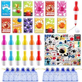 Bowling Party Stationery Favors with 12 Mini Notepads, 12 Ballpoint Pens, 12 Organza Bags and 50 Stickers for Bowling Themed Birthday Party Decorations Supplies Goodie Bag Fillers Rewards
