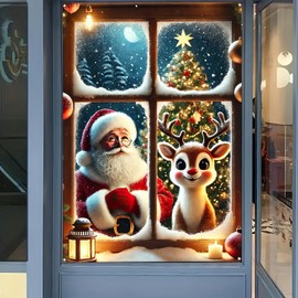 Merry Christmas Window Cover Cute Santa Claus Reindeer Snowflakes Window Decorations, Winter Xmas Backdrop for Party, Outdoor and Indoor Home Decorations 47×31 Inch