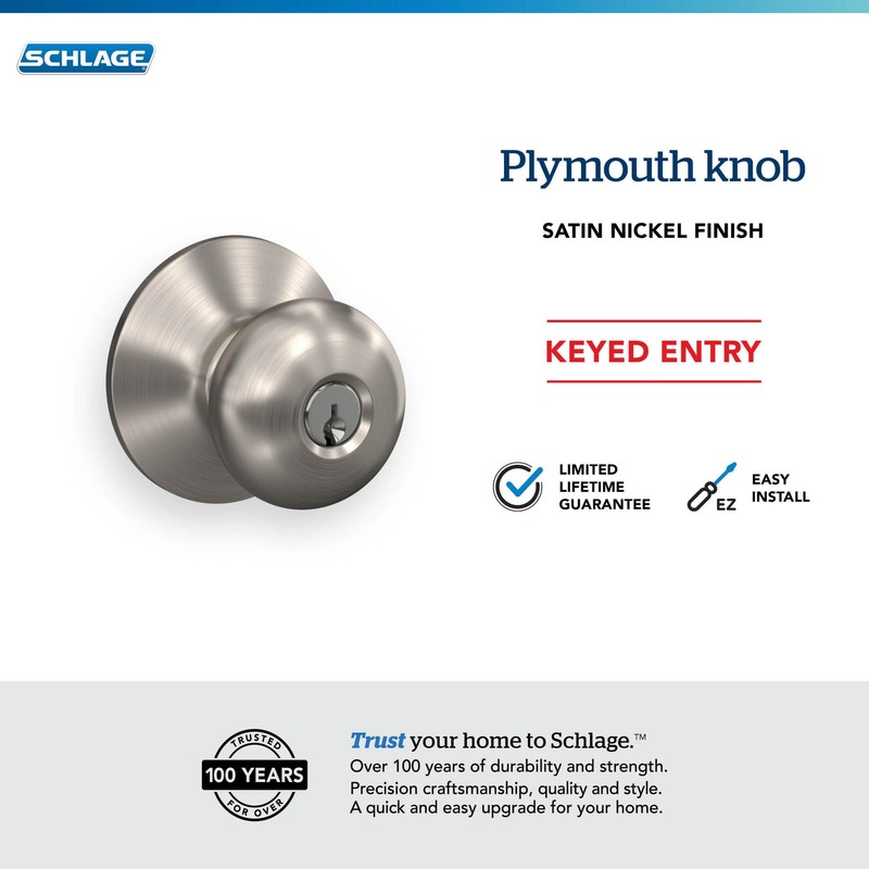 Schlage F51A PLY 619 Plymouth Door Knob, Keyed Entry Lock,