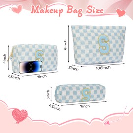 Silongder 3 Pcs Makeup Bag Cosmetic bags for women Large Capacity Checkered Cosmetic Bag Canvas Travel Toiletry Bag Organizer Cute Makeup Bag Mother's Day Birthday Gift for Women (Blue S)