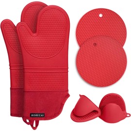 Rorecay 6pcs Oven Mitts and Pot Holders Sets for Kitchen, Extra Long Silicone Oven Gloves Heat Resistant 500 Degrees Non-Slip Potholders Hot Pads for Baking Cooking, Quilted Liner, Red