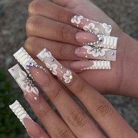 ANDGING French Tip Press on Nails Coffin Long White Fake Nails with Rhinestone Flower Design Petite fake nails for Women Girls Acrylic False Nails stick on nail Gel Manicure for Wedding 24Pcs