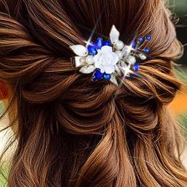 JEAIRTS Flower Wedding Hair Clips Silver Blue Rhinestone Pearl Barrette Bridal Hair Accessories for Women