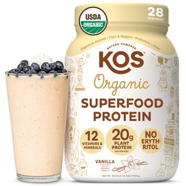 KOS Vegan Protein Powder Erythritol Free, Vanilla USDA Organic - Pea Protein Blend, Plant Based Superfood Rich in Vitamins & Minerals - Keto, Dairy Free - Meal Replacement for Women & Men, 28 Servings