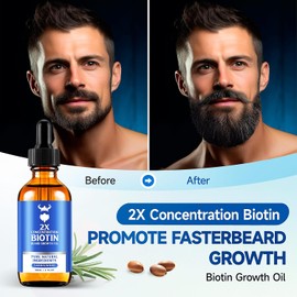 Aceite para el crecimiento de la barba con biotina, concentración 2X, para hombres (2 oz) Aceite natural para barba para hombres con aceite de argán, aceite de jojoba y vitamina, suavizante para el
