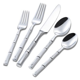 Flatasy Silverware Set Silver Bamboo Handle Flatware Stainless Steel Heavy Cutlery Set 20 Pieces Mirror Polished Spoons Forks and Knives Service for 4