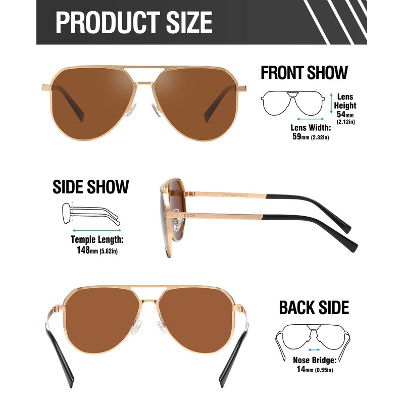 DUCO 3039 Polarized Sunglasses, Unisex, UV400, Pilot, Teardrop, Glassan, Fashion