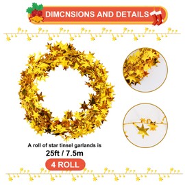 TONIFUL 98FT Gold Christmas Star Tinsel Garlands with Wire,Shiny Star Wire Tinsel Garlands Christmas Ornament Used to Decorate Christmas Tree, Table, Birthday Party, Wedding