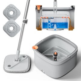 KZKR Spin Mop and Bucket Set with Self Separation Dirty and Clean Water System, Self Wringing 360° Rotating Square Mop Head for Home Floors Cleaning (1.0 Mop and Bucket Set (2 Pads))