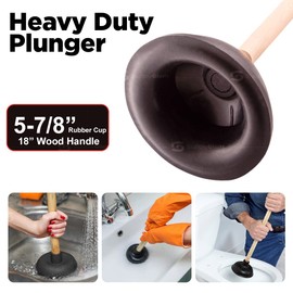 Heavy Duty Toilet Plunger for Bathroom - Strong Suction Force Cup Rubber with 18 in. Wooden Handle to Fix Clogged Toilets and Drains