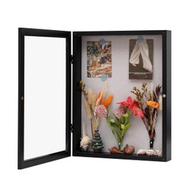 DEMAIKE 11x14 Shadow Box Frame with Linen Back, Wood Glass Display Case for Medals, Photos, Memorabilia, Awards - Pins Included- Black