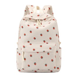 School Backpack for Girls Corduroy Bookbag 16inch Elementary Primary Preschool for Teen Boys Girl Travel Casual Daypacks (Strawberry Beige)