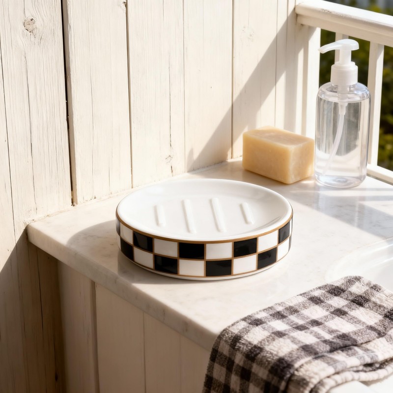Ceramic Checkered Soap Dish,Black&White Soap Dish for Bathroom Sink, Bar