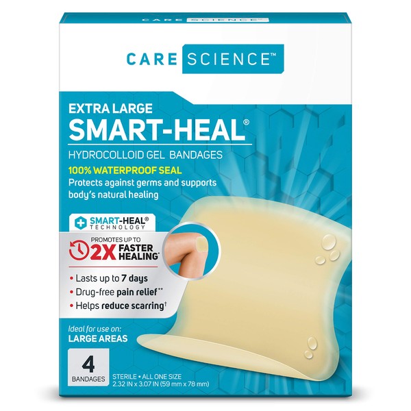 Care Science Hydrocolloid, Large, 2.3 in x 3 in, 4CT | 100% Waterproof Seal Promotes Up to 2X Faster Healing, Reduces Scarring, Drug-Free Pain Relief