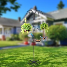 MorningRo Adjustable Shepherd Hook Stand, 34"- 55" Black Iron Shepherd Hook with Base for Plant Hanging, Wind Chime & Bird Feeder - Outdoor Garden Porch Decoration(Elegant Style)