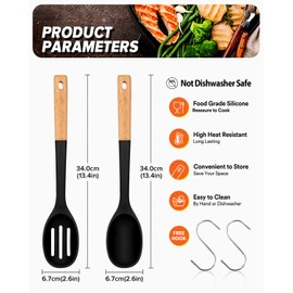 Silicone Cooking Spoons, Great for Scooping Sides and Serving Hearty Stews, BPA-Free Matte Silicone, Wooden Handle Serving Spoon for Nonstick Cooking Surfaces (Black)