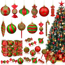 Christmas Ornaments Candy Lollipop Set -48Pcs for Xmas Tree Decoration Hanging Plastic Gloss Candy Canes Ball Pendants for New Year Home Decor Party Supplies (Red Green)