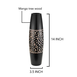 14-Inch Tall Mango Wood Vase – Handcrafted Black Decorative Flower Vase with Cosmic Starlight Pattern, Rustic Natural Accent for Tabletop, Dried or Silk Floral Arrangements