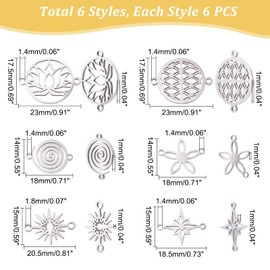 DICOSMETIC 36 Pieces 6 Styles Stainless Steel Swirl Connectors Laser Cut Star Connectors Double Hole Flower of Life Connectors for Crafts Bracelets and Jewellery Making
