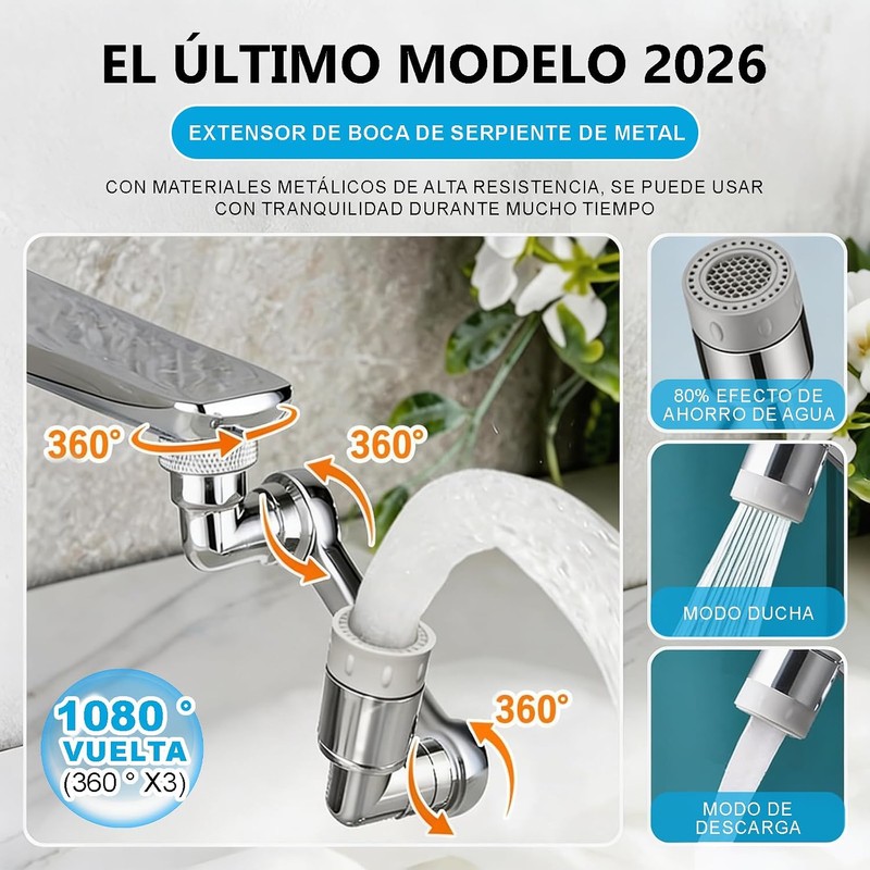 Extensor de Grifo Giratorio 1080°, Aireador Universal para Cocina y