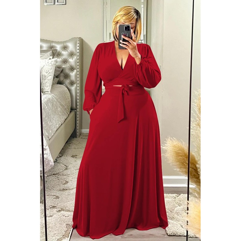 Plus Size Women's 2 Piece Red Outfits Casual Long Sleeve