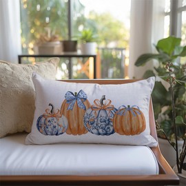 Fall Pillow Cover 12x20 Inch Blue Orange Pumpkins Chinoiserie Grandmillennial Throw Cushion Cover Outdoor Autumn Farmhouse Decorations Lumbar Decorative Pillows Cases for Home Decor