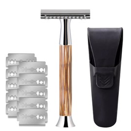 ZENGRASOIR Double Edge Safety Razor with Safety Razor Travel Case, Women/Men Ladies Razor with 10 Double Edge Safety Razor Blades, Bamboo Handle, 3 Piece Shaving Kit