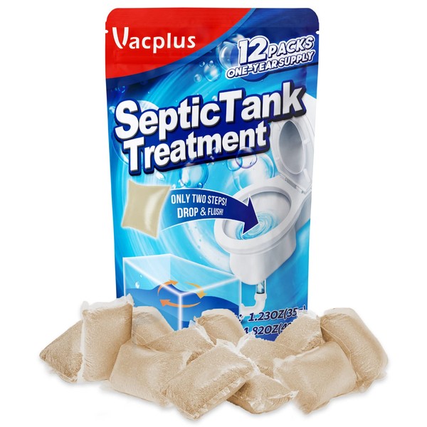 Vacplus Septic Tank Treatment - 12 Packs for 1-Year Supply, Flushable