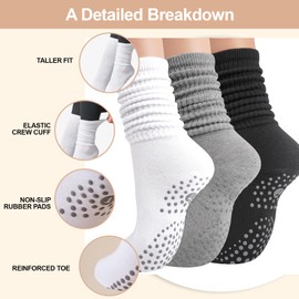 H HOME-MART (3 Pairs) Scrunch Pilates Grip Socks for Women – Perfect for Yoga, Barre, Dance, and Gym Workouts; Long Slouch Socks with Non-Slip Grip for Hospital and Exercise Use