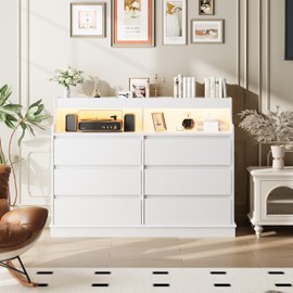 White Dresser for Bedroom, 6 Drawer Dresser with LED Lights and Charging Station, Wide Chest of 6 Drawers with Open Space, Modern Large Capacity Storage Cabinet, Living Room, Hallway