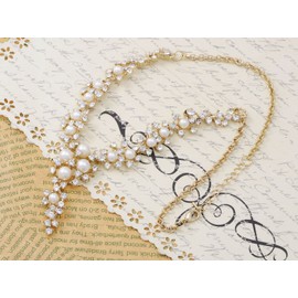 Alilang Golden Tone Clear Crystal Rhinestone Faux Pearl Necklace