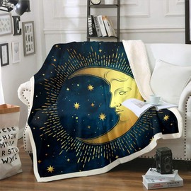 Loussiesd Sun and Moon Sherpa Blanket Boho Exotic Blanket for Sofa Couch Bed Bohemian Style Fleece Throw Blanket Soft Galaxy Star Warm Flannel Blanket Room Decor Plush Fuzzy Blanket Single 50"x60"